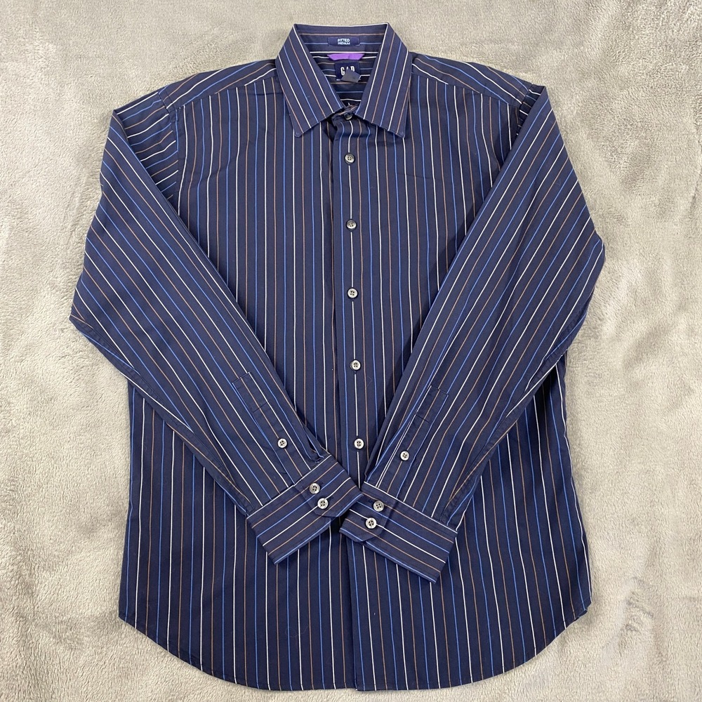 Vintage GAP Shirt Men M Fitted Premium Button Down Navy Blue Striped Long Sleeve